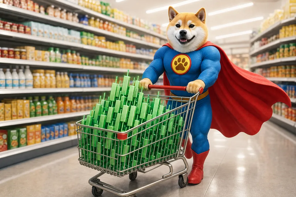 The super shiba pushes a shopping cart piled with glowing green candles down a bright shop aisle.