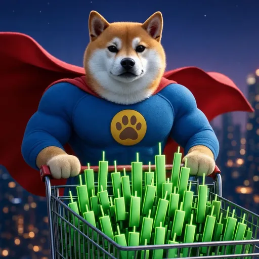 The super shiba in his blue suit and red cape pushes a cart full of green candles under a night sky.