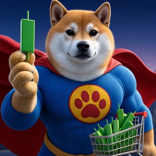 The super shiba in his blue suit and red cape holds up one green candle, with a small cart beside him.